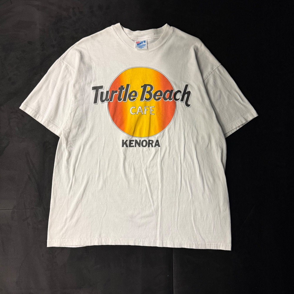 90s Mens Hanes Turtle Beach Cafe Kenora Vintage Graphic T-Shirt White XL